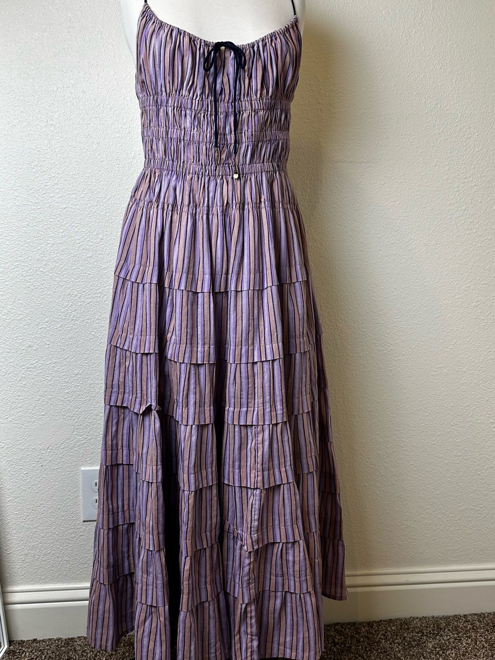 Free People Purple Striped Smocked Tiered Maxi Dress